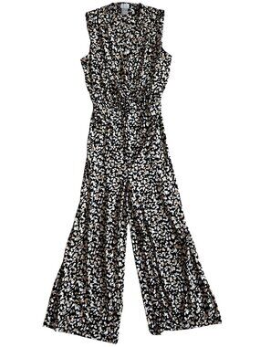 Chicos Womens Sz 4/6 Black & Beige Sleeveless Belted Jumpsuit Wide Leg